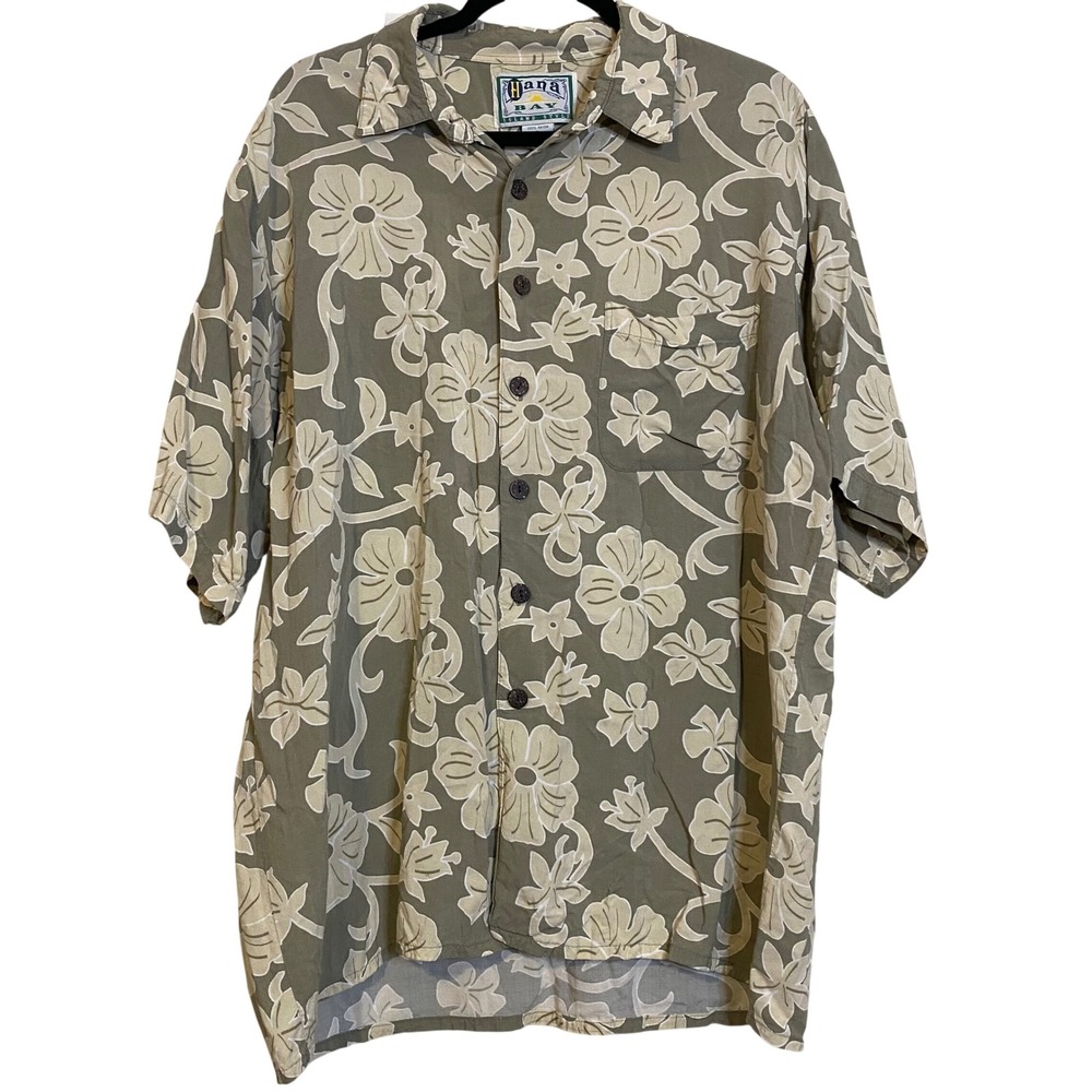 Vintage Hana Bay Island Men Large Hawaiian Floral Shirt Olive Green Hibiscus